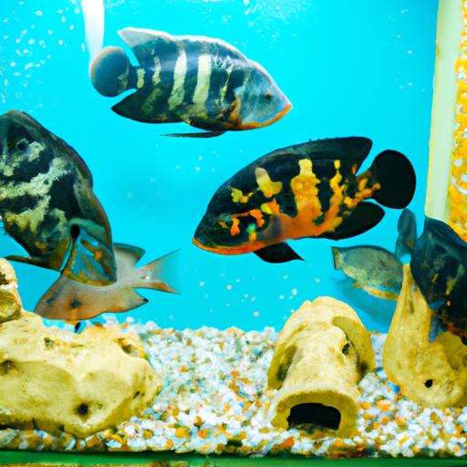 Bể cá với nhiều loại cá khác nhau, bao gồm cả cá Oscar, bơi lội hài hòa.