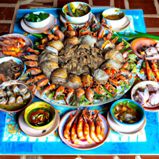 Một bữa ăn ngon miệng với nhiều món hải sản được trình bày trên một tấm chiếu dệt thổ cẩm tại một nhà hàng hải sản nổi tiếng tại Huế.