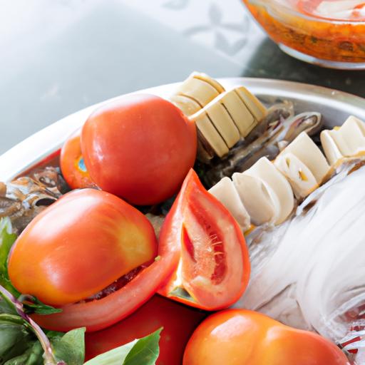 Gần cận với các nguyên liệu được sử dụng để làm bún riêu cua ốc Phan Rang Ninh Thuận, bao gồm cà chua, thịt cua và bún tàu.