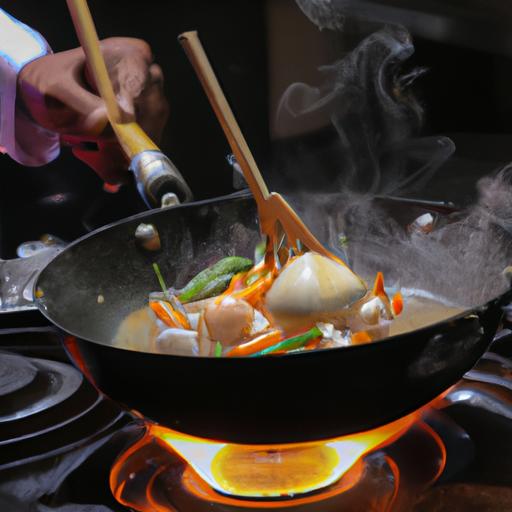 Đầu bếp chế biến món ăn ngon từ ốc hương trong chảo