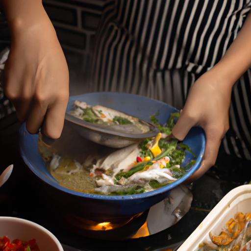 Đầu bếp chuẩn bị nồi lẩu ốc Bà Lương với hải sản tươi sống và các loại sò, ốc.