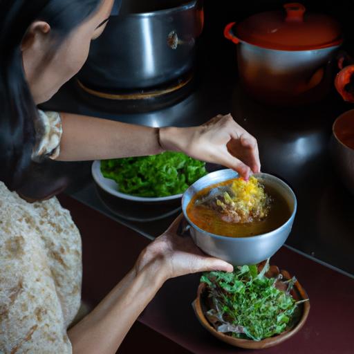Đầu bếp đang chuẩn bị bún ốc sườn cô sáu trong một căn bếp truyền thống Việt Nam.