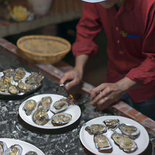 Đầu bếp tại Quán Ốc Nha Trang đang mở hàu cho khách hàng