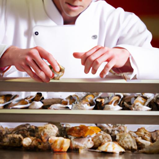 Đầu bếp sắp xếp ốc hải sản trên kệ trưng bày để tạo nên món hải sản hấp dẫn cho khách hàng
