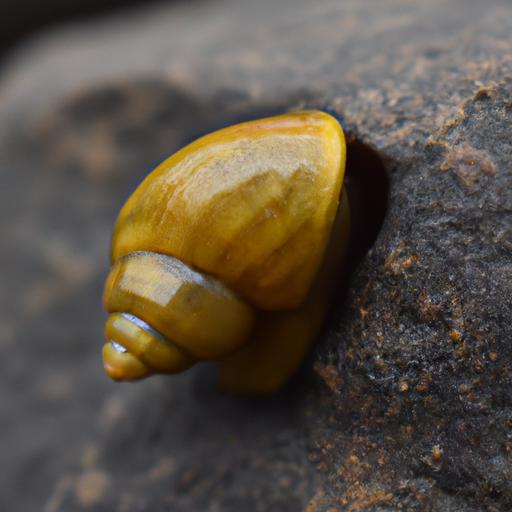Hình ảnh cận cảnh của ốc bươu vàng bò trên đá.