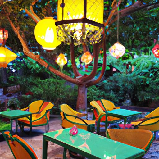 Khu vực ngồi ngoài trời thoải mái với những chiếc lồng đèn đầy màu sắc tại một quán ốc ở Biên Hòa.