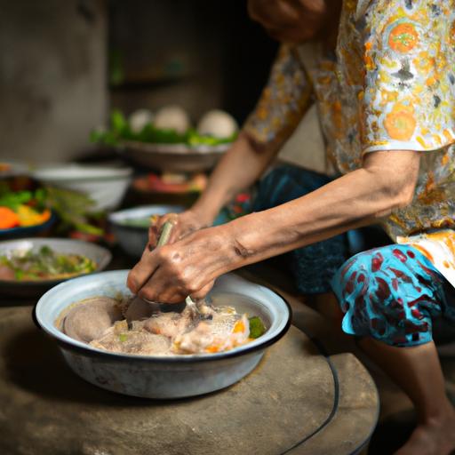 Một bà cụ đang chuẩn bị bún riêu ốc Hà Nội trong một căn bếp truyền thống