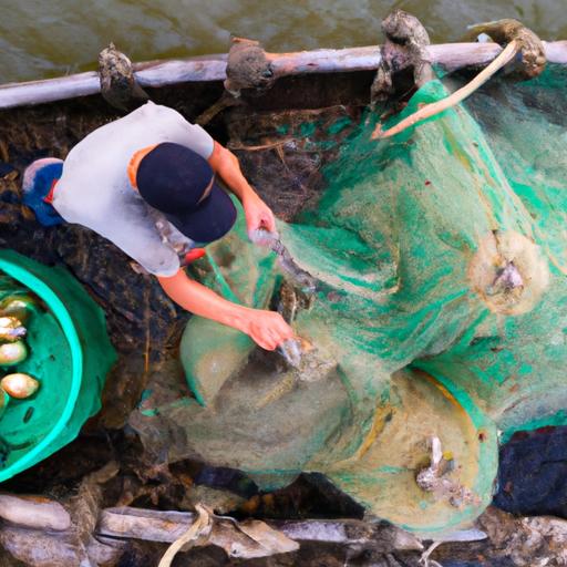 Ngư dân đang tẩy trùng thiềm điệp ốc khỏi lưới cá, đây là một trong những biện pháp phòng chống sự lây lan của loài độc hại này