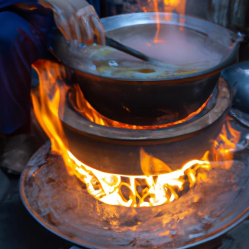 Một người bán hàng đang nấu bún ốc Tây Hồ trong một cái nồi lớn trên lửa.
