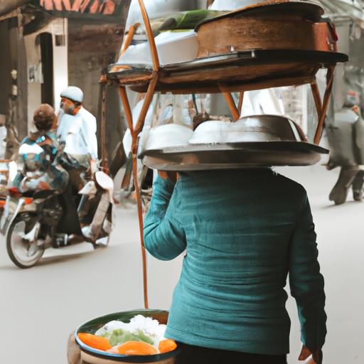 Một người bán hàng rong bán Bún ốc Hà Nội trong phố cổ sầm uất của Hà Nội.