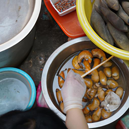 Người bán ốc tiêu tươi ngon với những con ốc to và đẹp đang chờ khách tại chợ đêm, tạo nên một góc đường phố sầm uất và đầy màu sắc ở Việt Nam.