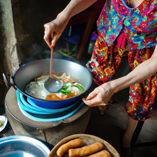 Người phụ nữ đang chuẩn bị nấu món bún ốc hòe nhai trong gian bếp truyền thống Việt Nam.