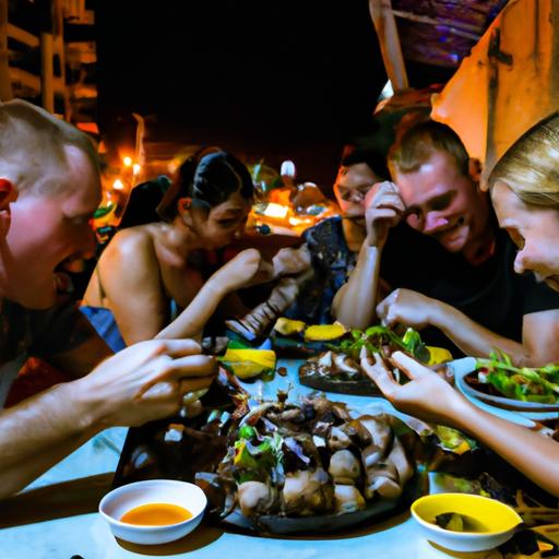 Một nhóm bạn đang thưởng thức bữa ăn tại một nhà hàng ốc nổi tiếng ở Đà Nẵng.
