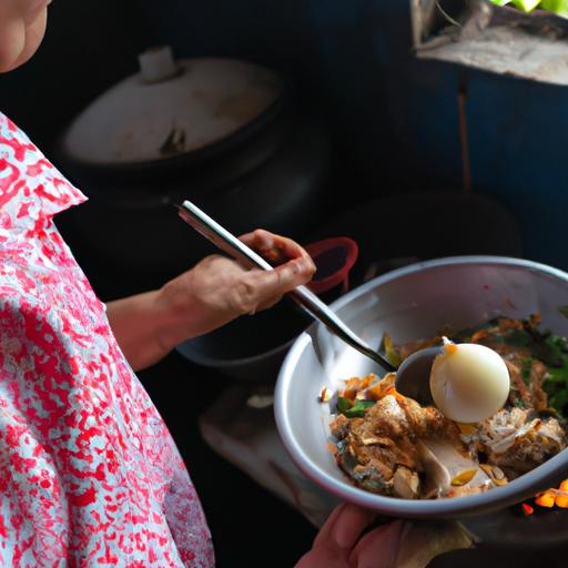 Một người phụ nữ đang nấu riêu ốc trong căn bếp truyền thống Việt Nam.