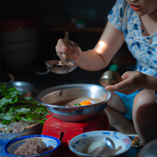 Một người phụ nữ đang nấu bún ốc chuối đậu trong một căn bếp truyền thống
