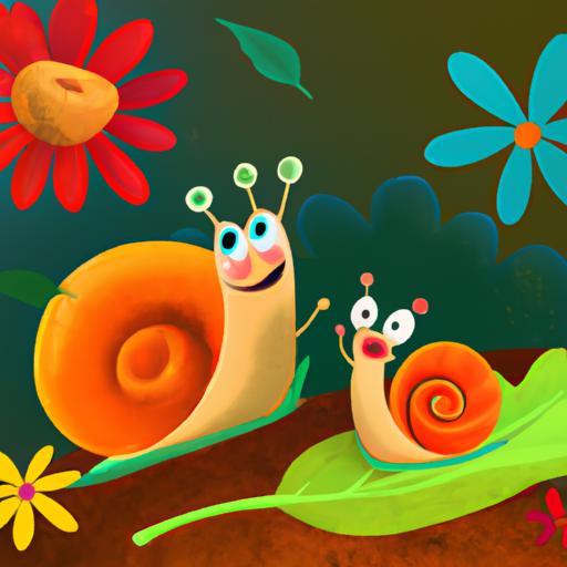 Cảnh hoạt hình đầy màu sắc với các nhân vật ốc sên bò trên lá và hoa.
