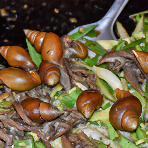 Hình ảnh cận cảnh ốc và chuối đậu được xào trong chảo, mang đến hương vị tuyệt vời cho thực khách.