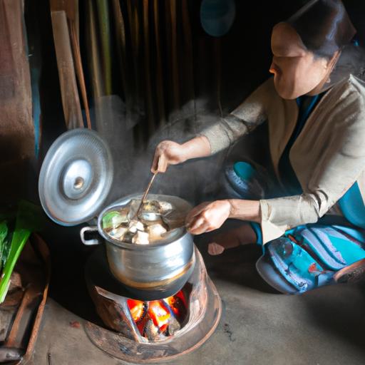 Một phụ nữ đang làm bún ốc nguội Hà Nội trong một căn bếp truyền thống Việt Nam.