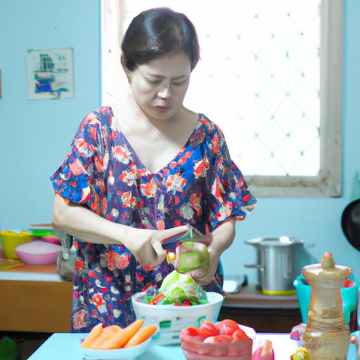 Một người phụ nữ đang chuẩn bị canh ốc chuối đậu trong nhà bếp