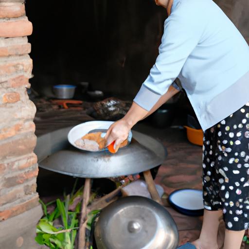 Một phụ nữ đang nấu bún ốc tóp mỡ Cô Lý trong một căn bếp truyền thống Việt Nam.