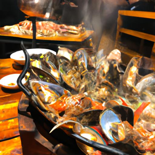 Không gian ấm cúng của quán hải sản đồng quê với đĩa lẩu hải sản và ốc nướng đang sôi sục.