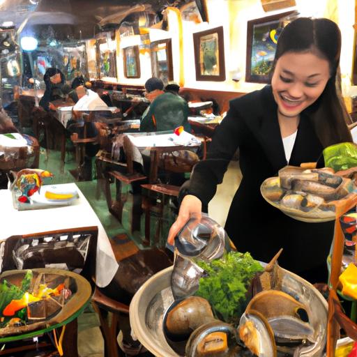 Đội ngũ nhân viên thân thiện phục vụ các món ốc ngon trong quán ốc chị Việt được trang trí đẹp mắt.
