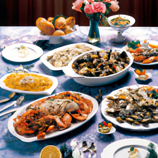 Một bàn ăn đầy ắp các món hải sản ngon miệng, bao gồm nhiều loại ốc đa dạng.