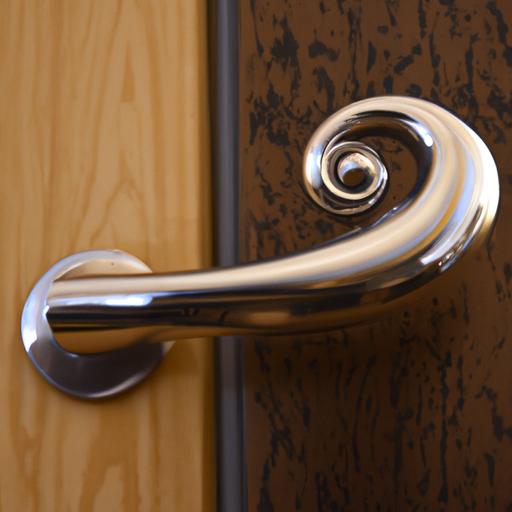 Một bức ảnh chụp cận cảnh của một tay nắm cửa hình ốc bạc trên cánh cửa gỗ. Thiết kế tinh xảo của tay nắm thêm một chút sự tinh tế cho lối vào căn hộ.